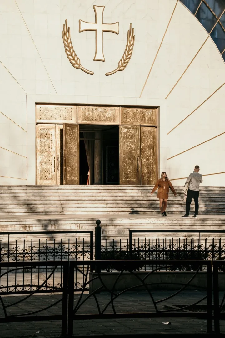Church entrance seen front steps