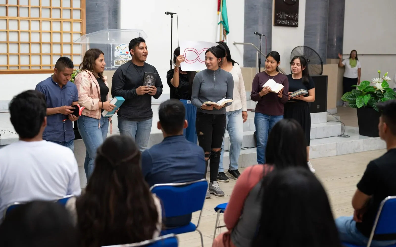 Young adults gathered church meeting
