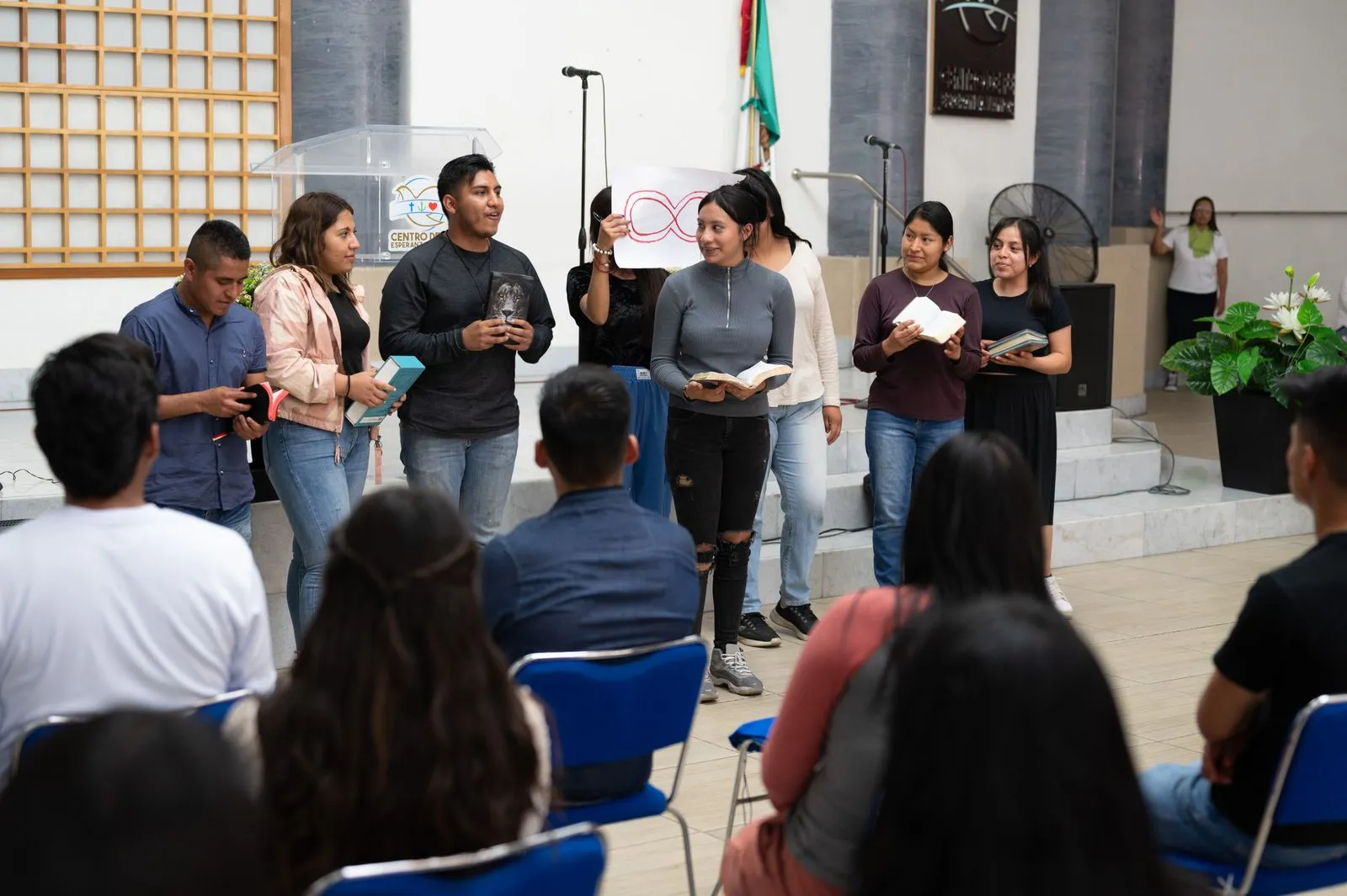 Young adults gathered church meeting
